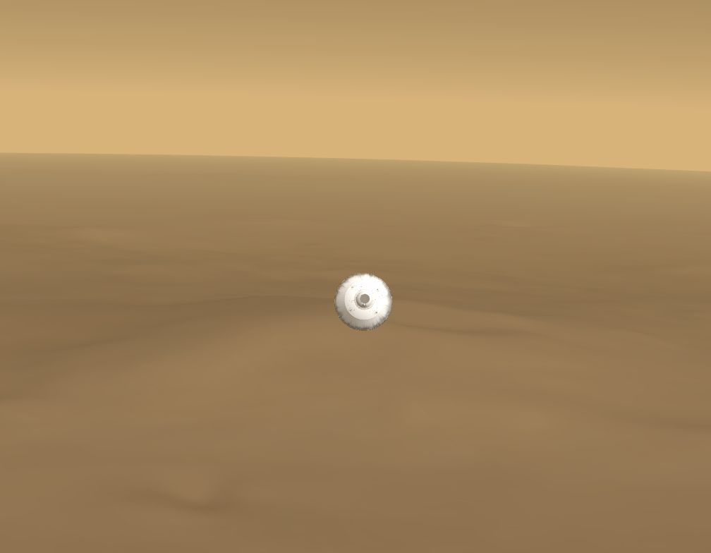 An illustration of the Perseverance rover free-falling above Mars