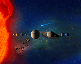 An illustration of the Sun and the planets, along with some asteroids and comets